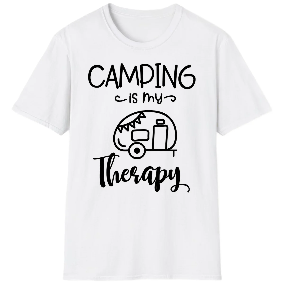 White line drawing of vintage travel trailer with bunting and text reading 'Camping is my Therapy' on gray background in White