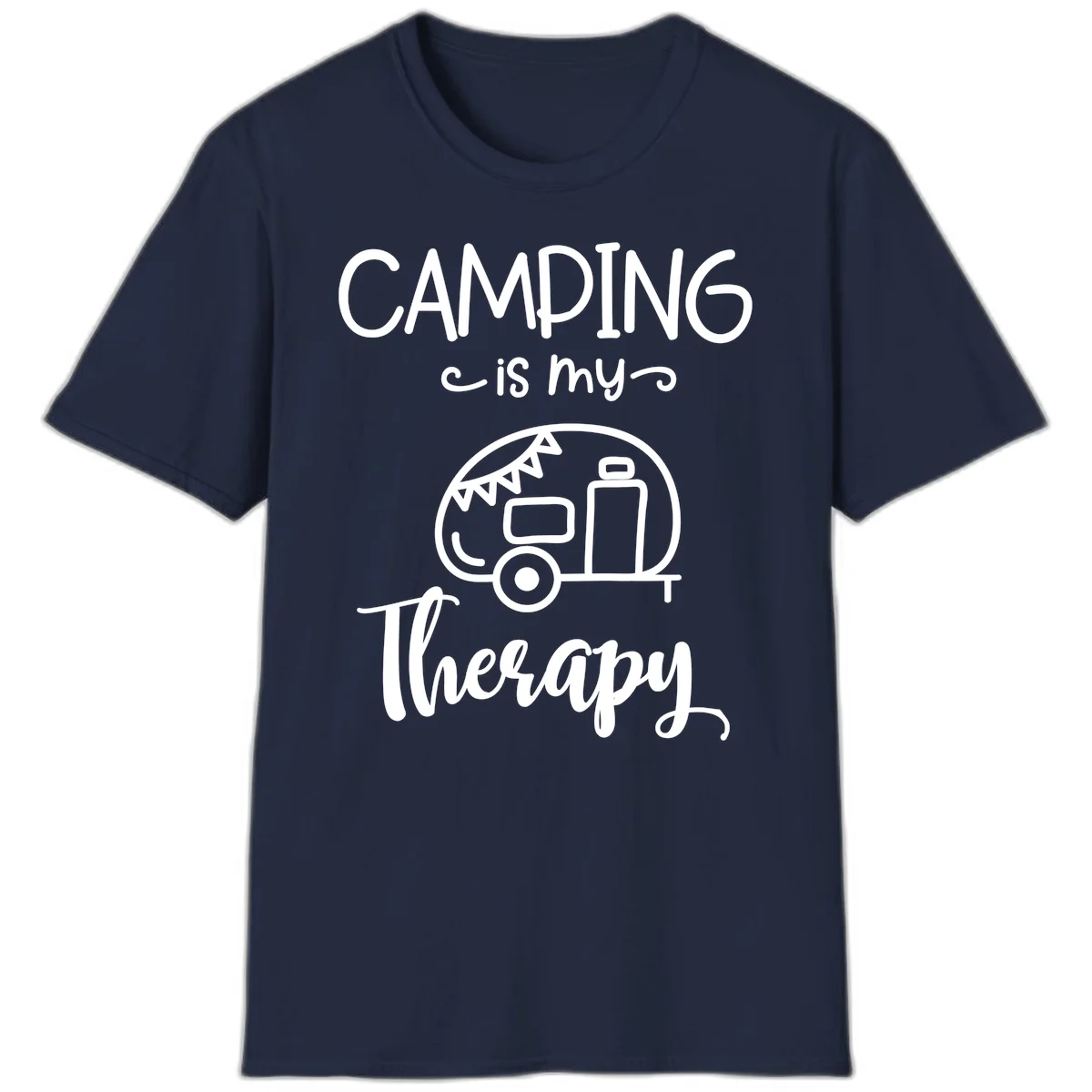 White line drawing of vintage travel trailer with bunting and text reading 'Camping is my Therapy' on gray background in Navy
