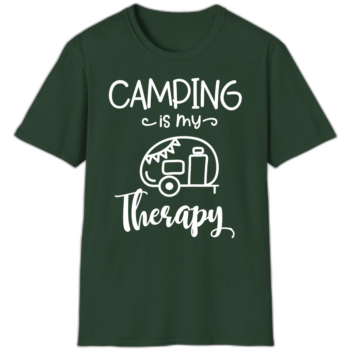 White line drawing of vintage travel trailer with bunting and text reading 'Camping is my Therapy' on gray background in Forest Green