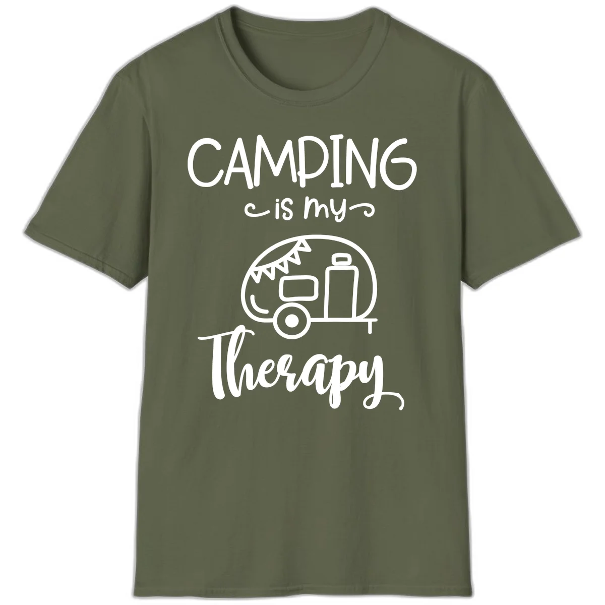 White line drawing of vintage travel trailer with bunting and text reading 'Camping is my Therapy' on gray background in Military Green