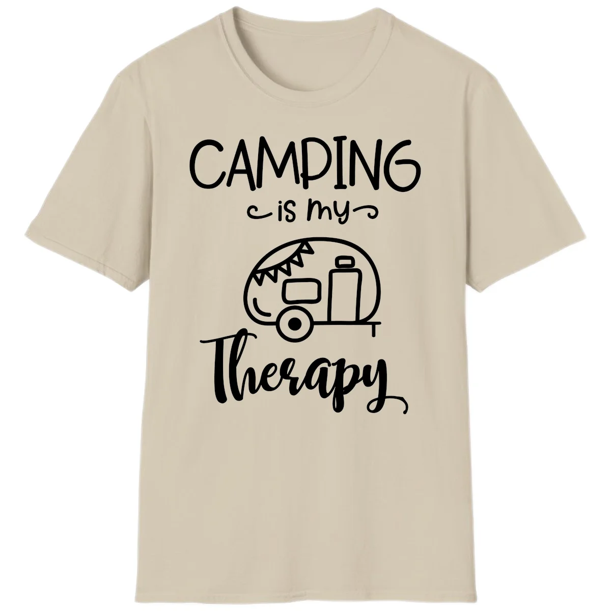 White line drawing of vintage travel trailer with bunting and text reading 'Camping is my Therapy' on gray background in Sand