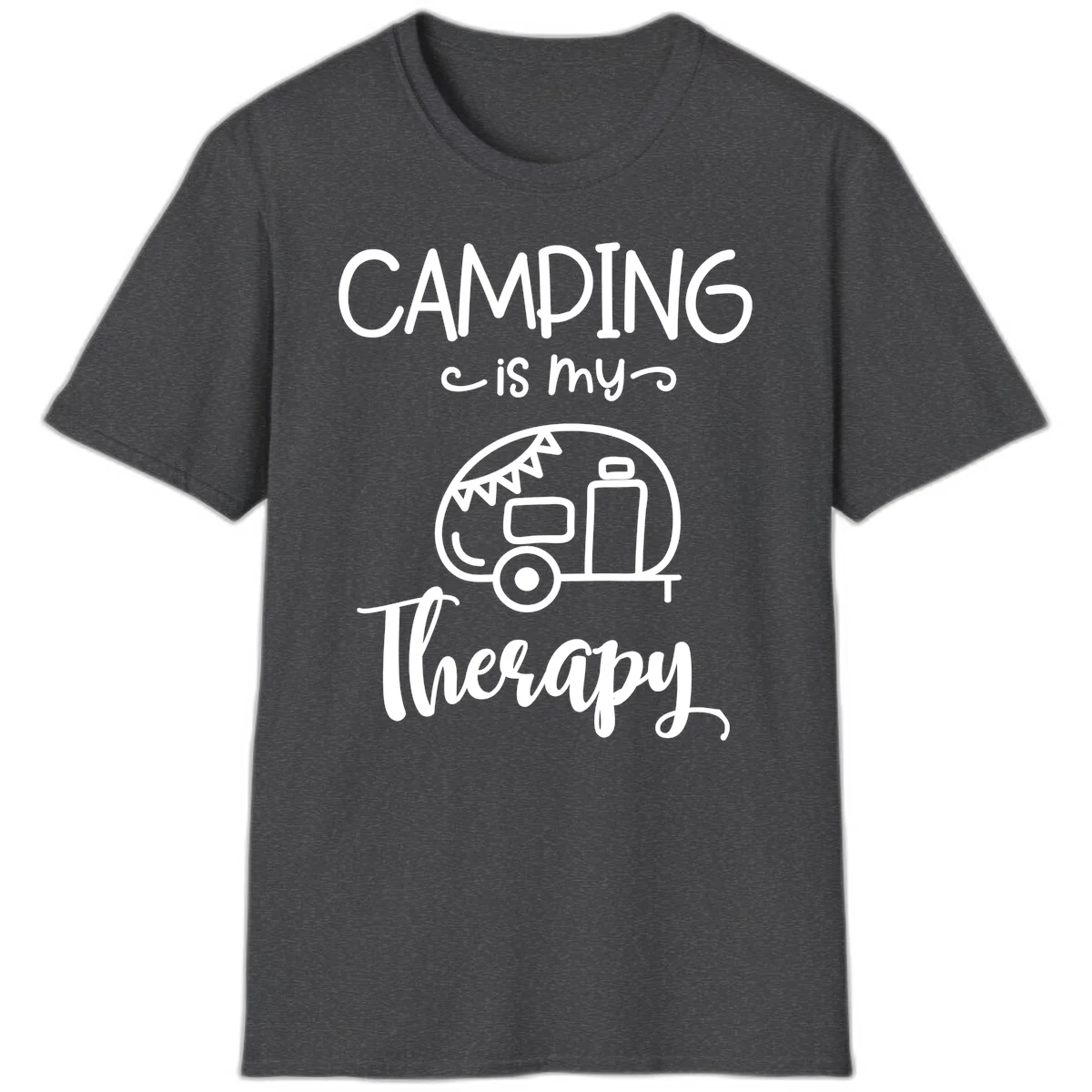 White line drawing of vintage travel trailer with bunting and text reading 'Camping is my Therapy' on gray background in Dark Heather