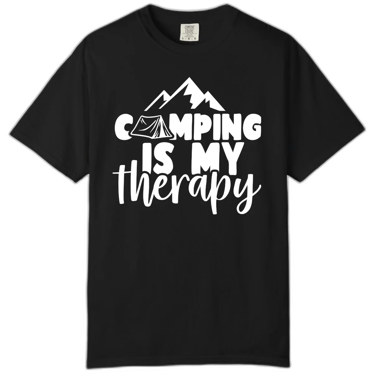 White text reading 'Camping Is My Therapy' with tent and mountain graphic design on gray background in Black