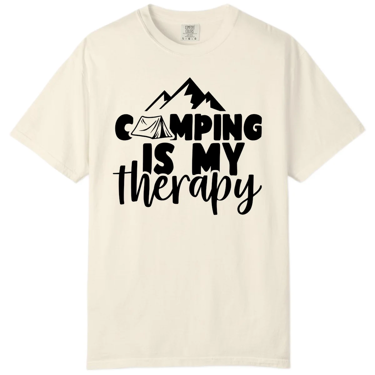 White text reading 'Camping Is My Therapy' with tent and mountain graphic design on gray background in Ivory