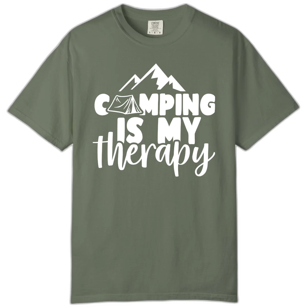 White text reading 'Camping Is My Therapy' with tent and mountain graphic design on gray background in Moss