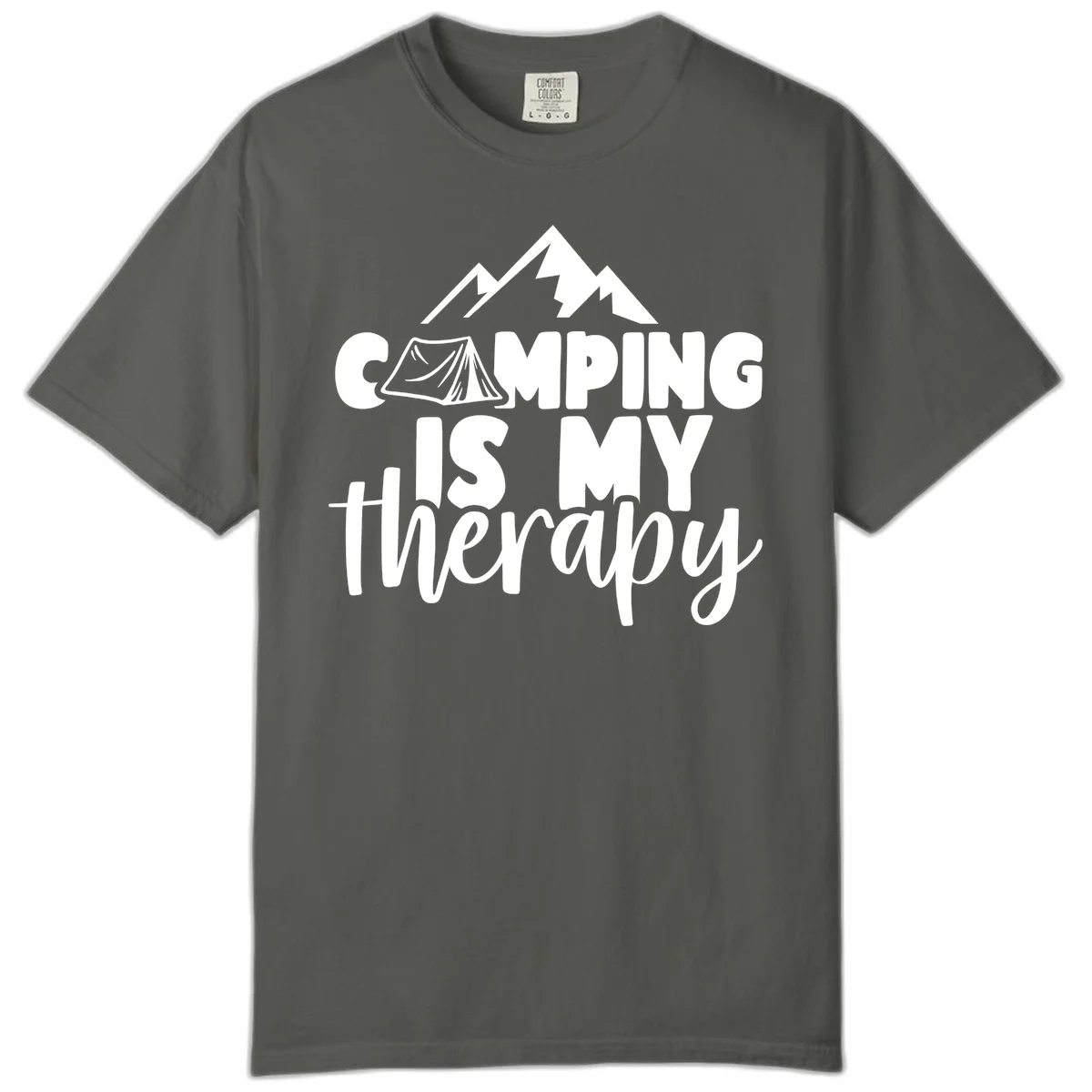 White text reading 'Camping Is My Therapy' with tent and mountain graphic design on gray background in Pepper