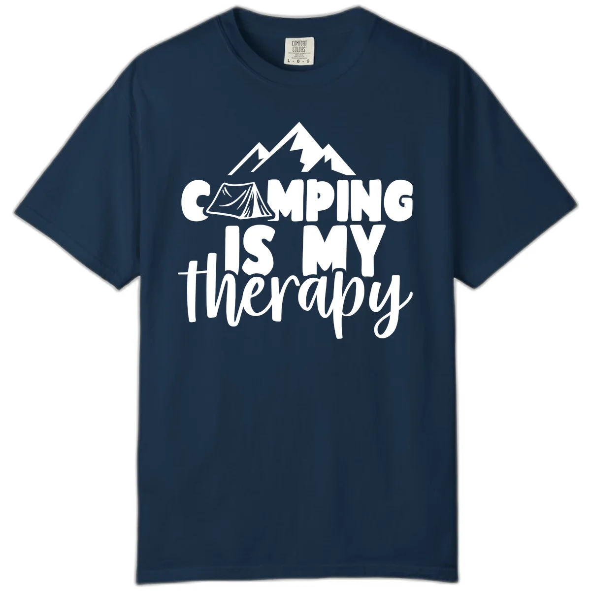 White text reading 'Camping Is My Therapy' with tent and mountain graphic design on gray background in True Navy
