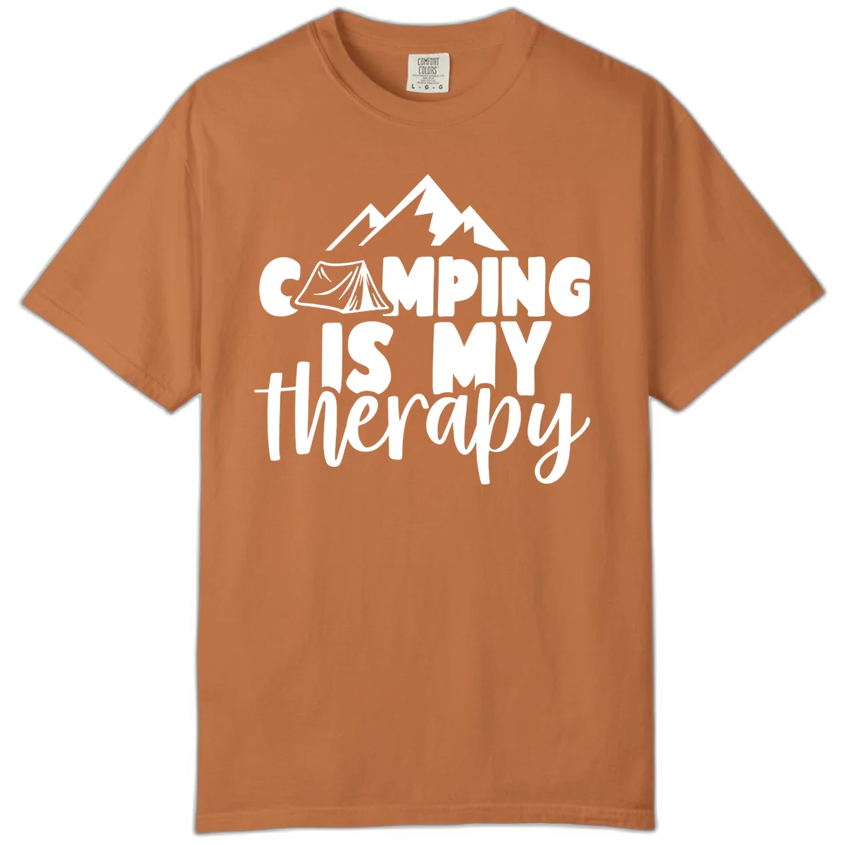White text reading 'Camping Is My Therapy' with tent and mountain graphic design on gray background in Yam