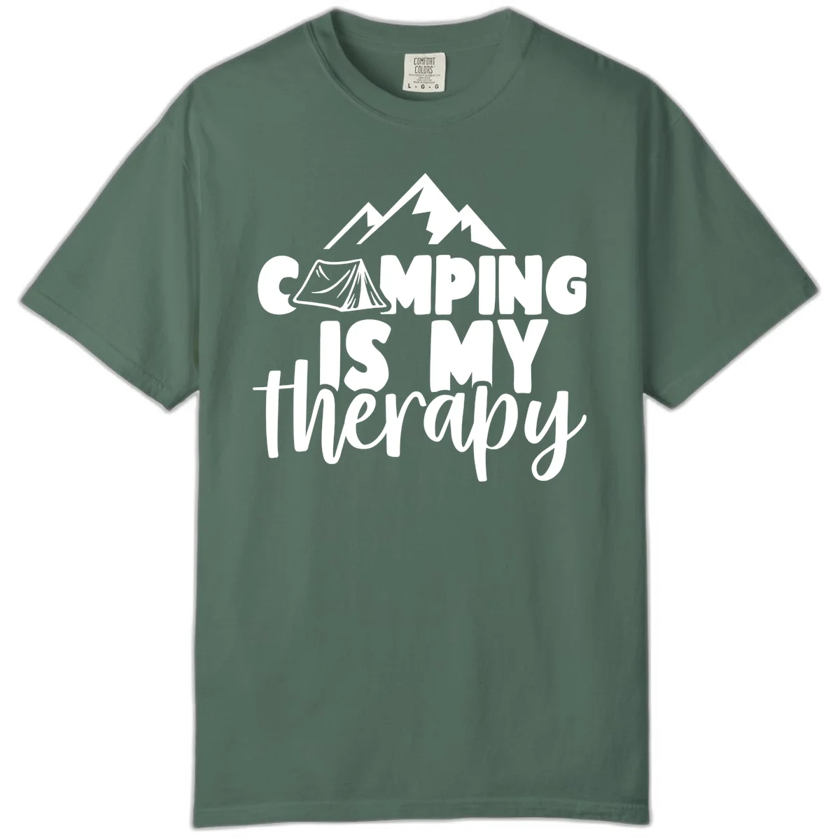 White text reading 'Camping Is My Therapy' with tent and mountain graphic design on gray background in Blue Spruce