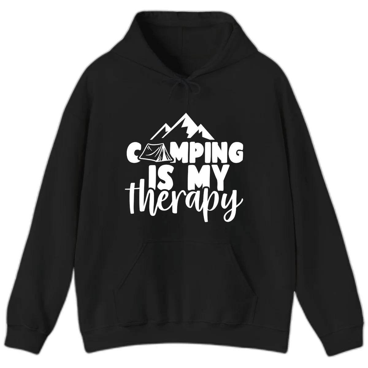 White text reading 'Camping Is My Therapy' with tent and mountain graphic design on gray background in Black