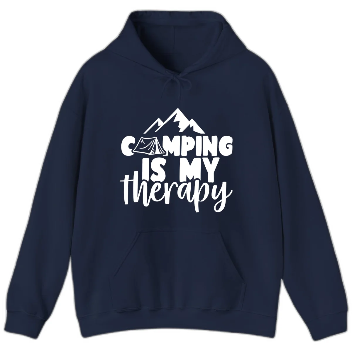 White text reading 'Camping Is My Therapy' with tent and mountain graphic design on gray background in Navy