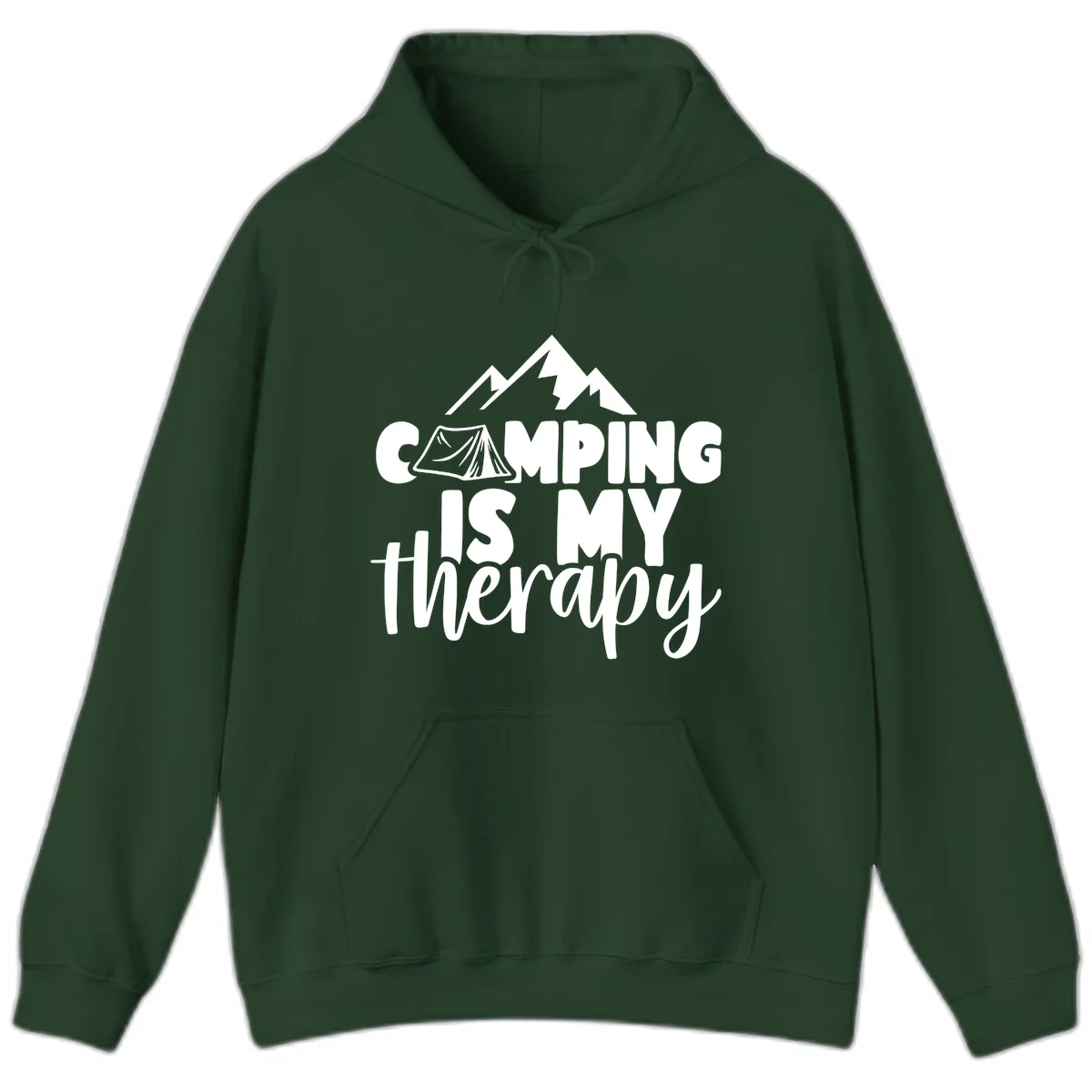 White text reading 'Camping Is My Therapy' with tent and mountain graphic design on gray background in Forest Green