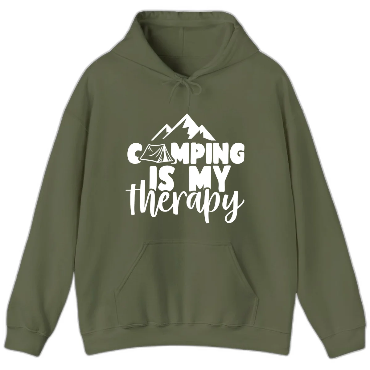 White text reading 'Camping Is My Therapy' with tent and mountain graphic design on gray background in Military Green