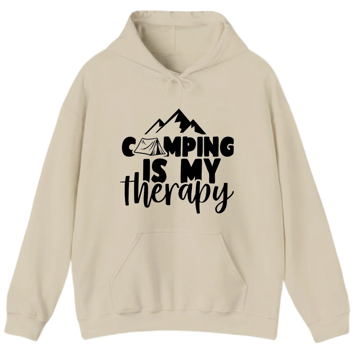 White text reading 'Camping Is My Therapy' with tent and mountain graphic design on gray background in Sand