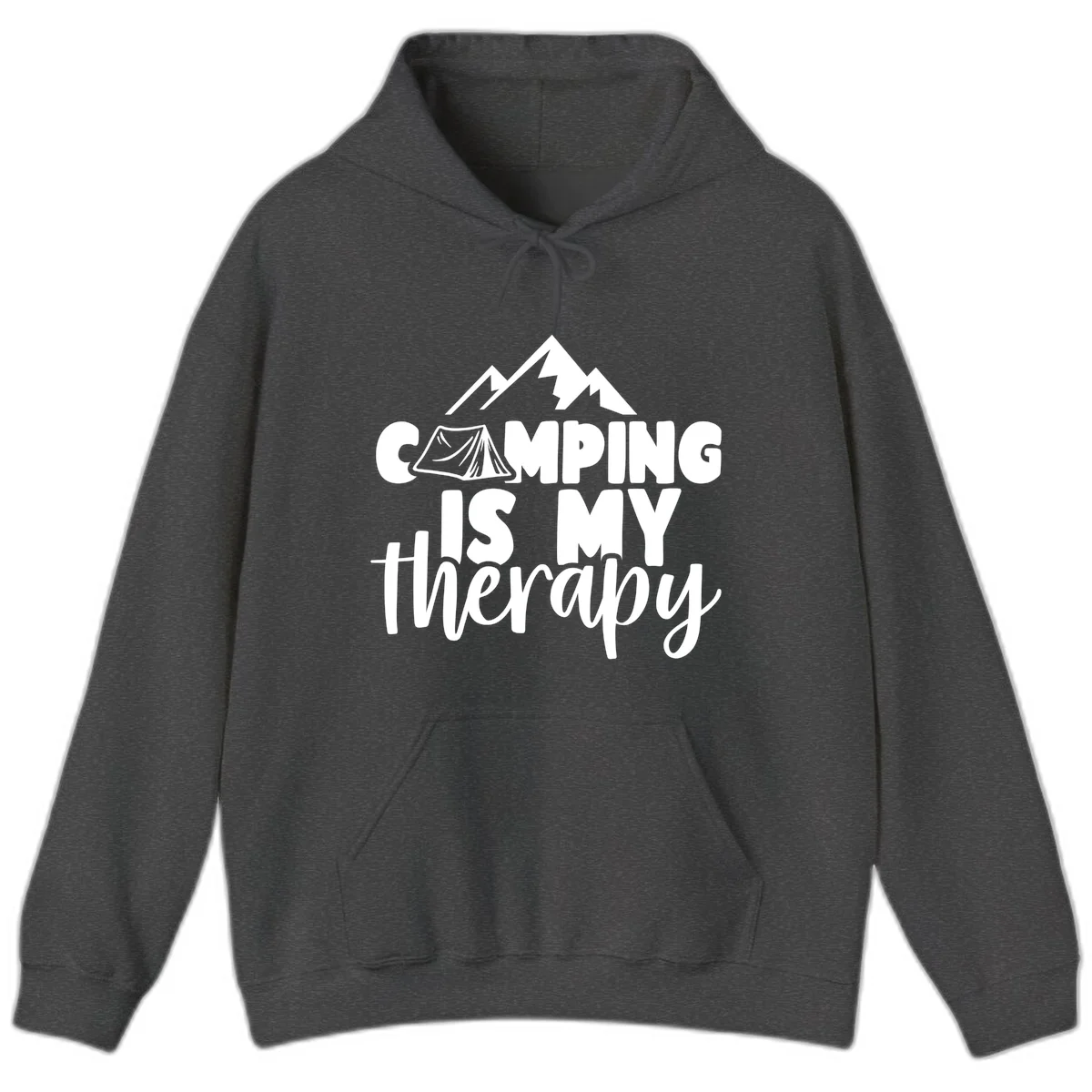 White text reading 'Camping Is My Therapy' with tent and mountain graphic design on gray background in Dark Heather