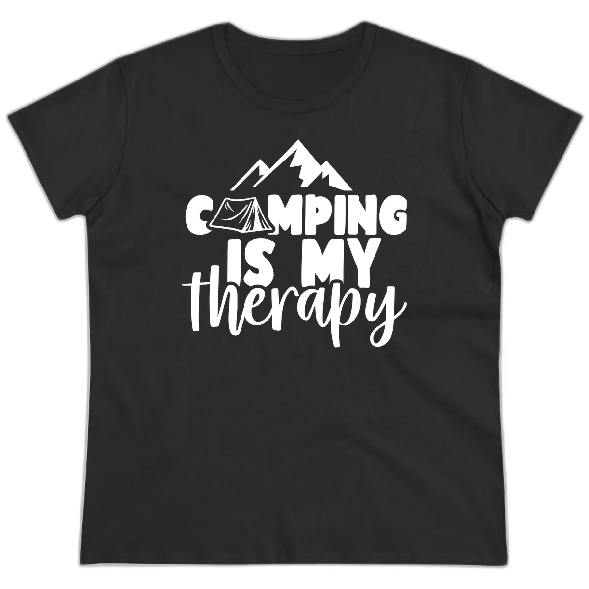 White text reading 'Camping Is My Therapy' with tent and mountain graphic design on gray background in Black