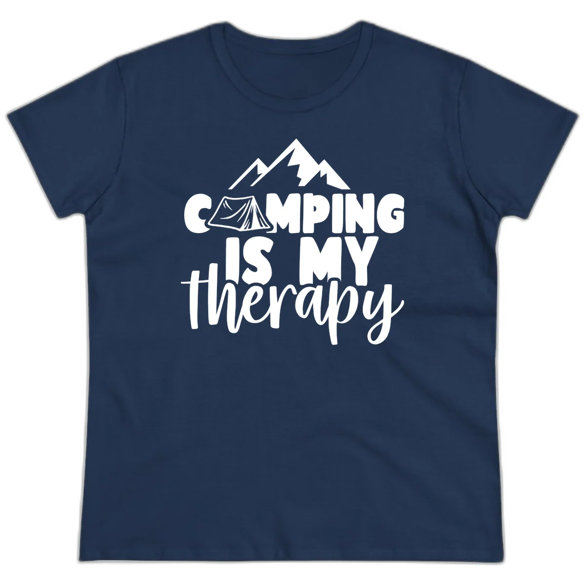 White text reading 'Camping Is My Therapy' with tent and mountain graphic design on gray background in Navy