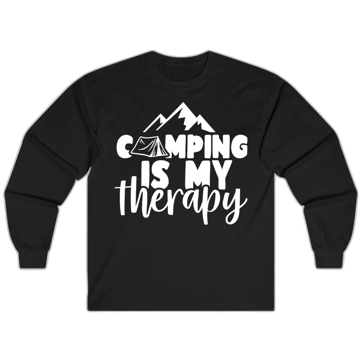 White text reading 'Camping Is My Therapy' with tent and mountain graphic design on gray background in Black