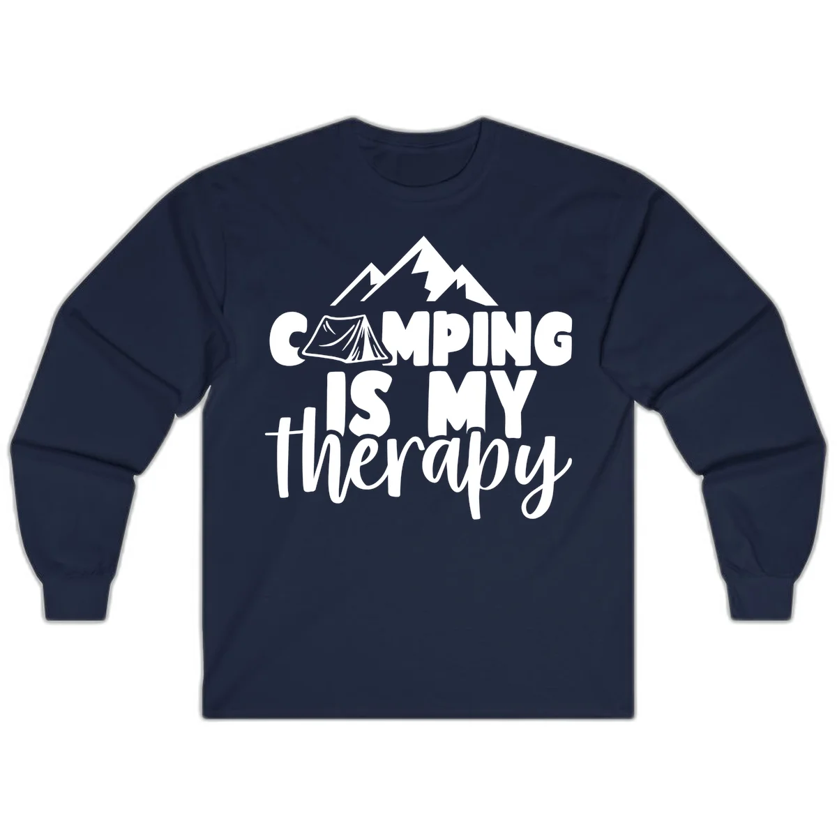 White text reading 'Camping Is My Therapy' with tent and mountain graphic design on gray background in Navy