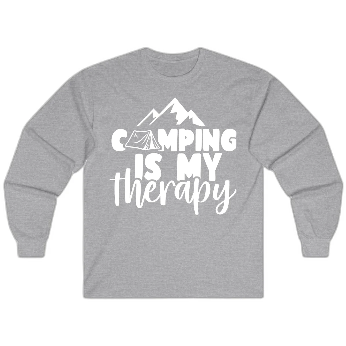 White text reading 'Camping Is My Therapy' with tent and mountain graphic design on gray background in Sport Grey