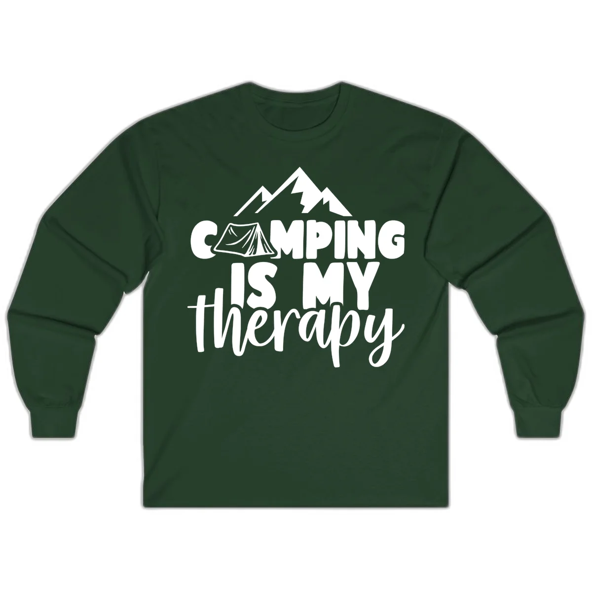 White text reading 'Camping Is My Therapy' with tent and mountain graphic design on gray background in Forest Green