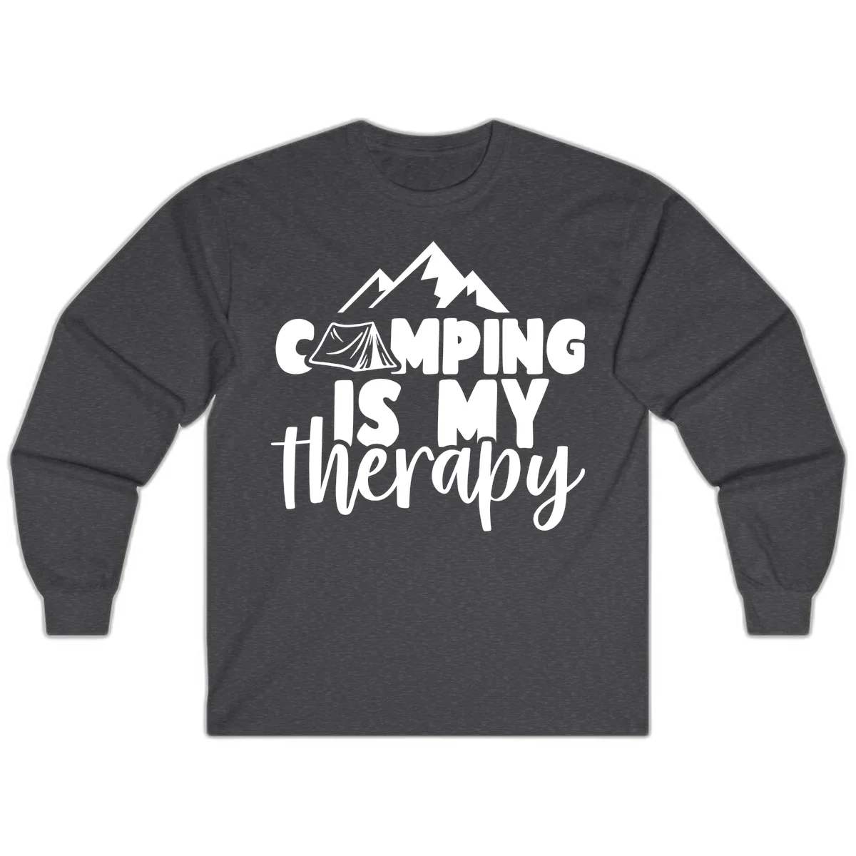 White text reading 'Camping Is My Therapy' with tent and mountain graphic design on gray background in Dark Heather