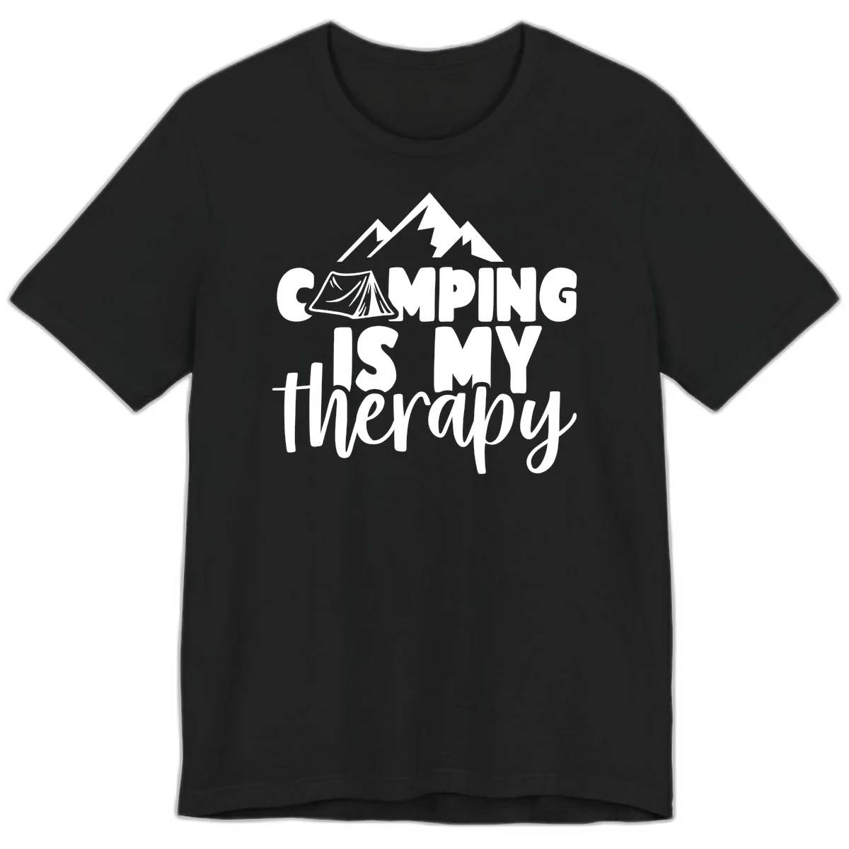 White text reading 'Camping Is My Therapy' with tent and mountain graphic design on gray background in Black