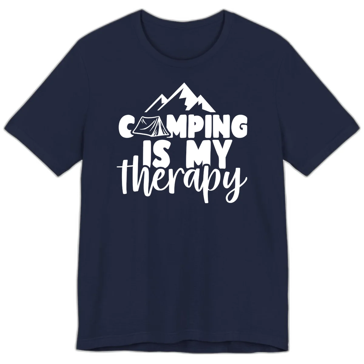 White text reading 'Camping Is My Therapy' with tent and mountain graphic design on gray background in Navy