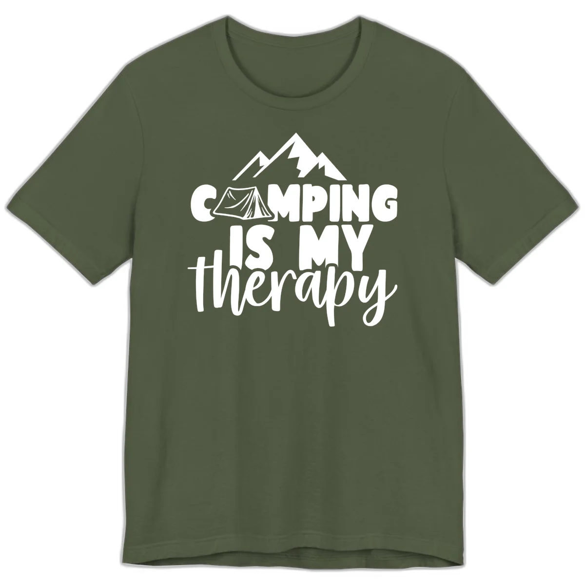 White text reading 'Camping Is My Therapy' with tent and mountain graphic design on gray background in Military Green