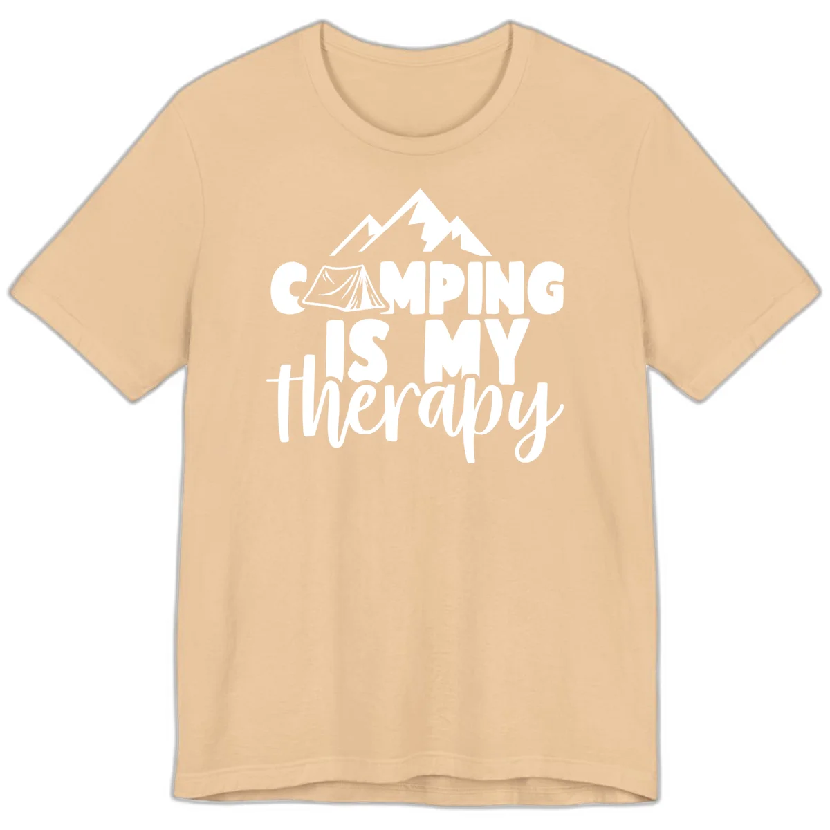 White text reading 'Camping Is My Therapy' with tent and mountain graphic design on gray background in Sand Dune