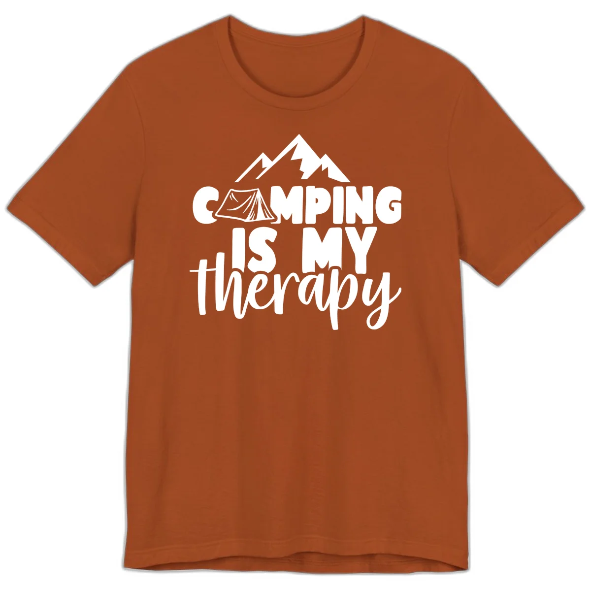 White text reading 'Camping Is My Therapy' with tent and mountain graphic design on gray background in Autumn