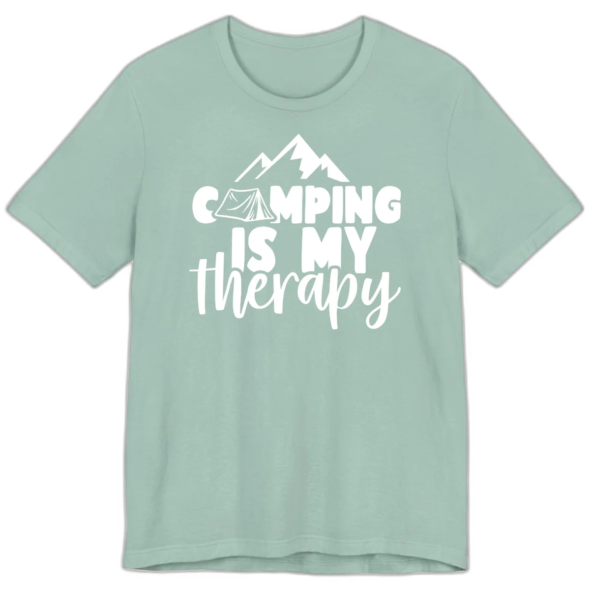 White text reading 'Camping Is My Therapy' with tent and mountain graphic design on gray background in Dusty Blue