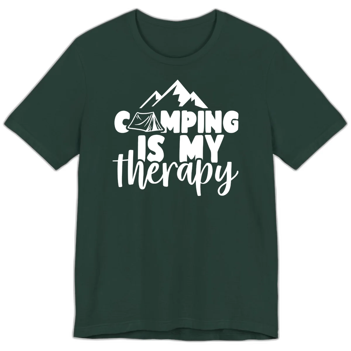 White text reading 'Camping Is My Therapy' with tent and mountain graphic design on gray background in Forest