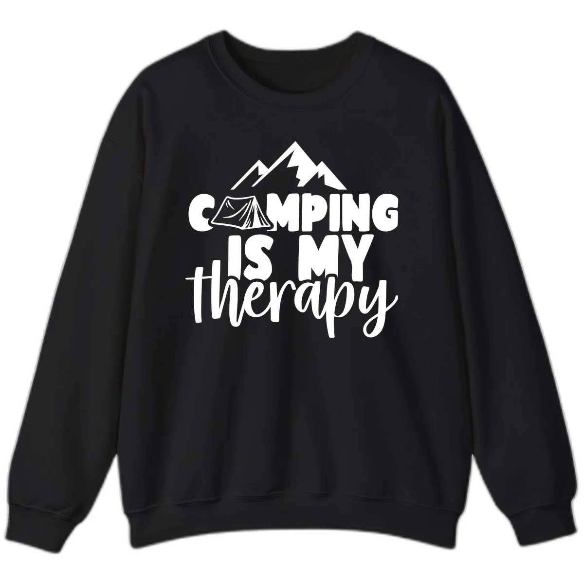 White text reading 'Camping Is My Therapy' with tent and mountain graphic design on gray background in Black