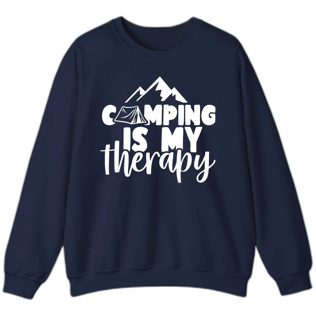 White text reading 'Camping Is My Therapy' with tent and mountain graphic design on gray background in Navy