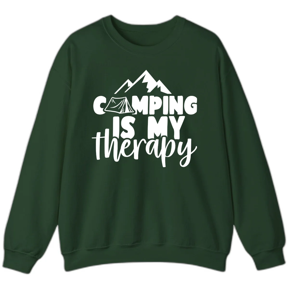 White text reading 'Camping Is My Therapy' with tent and mountain graphic design on gray background in Forest Green