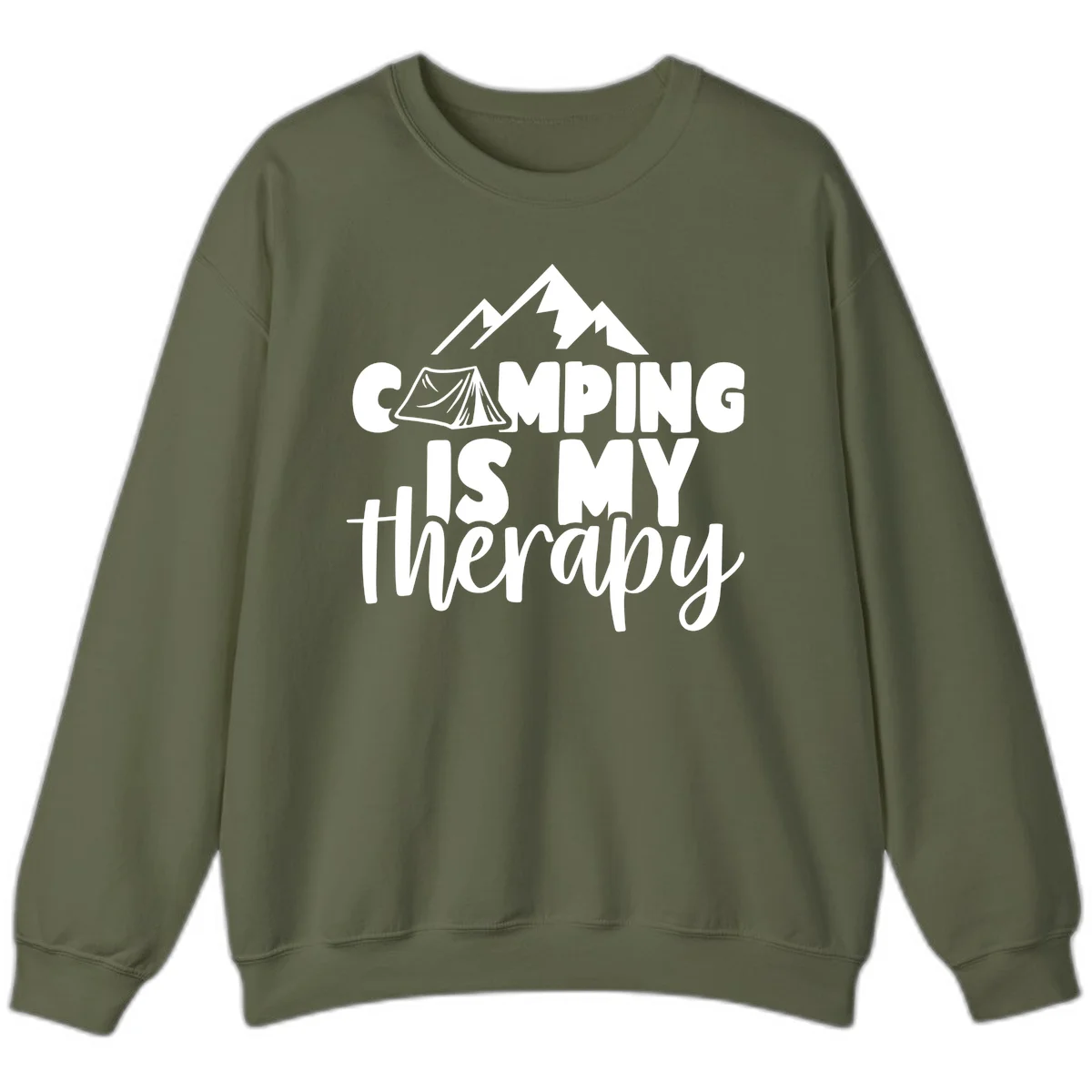 White text reading 'Camping Is My Therapy' with tent and mountain graphic design on gray background in Military Green
