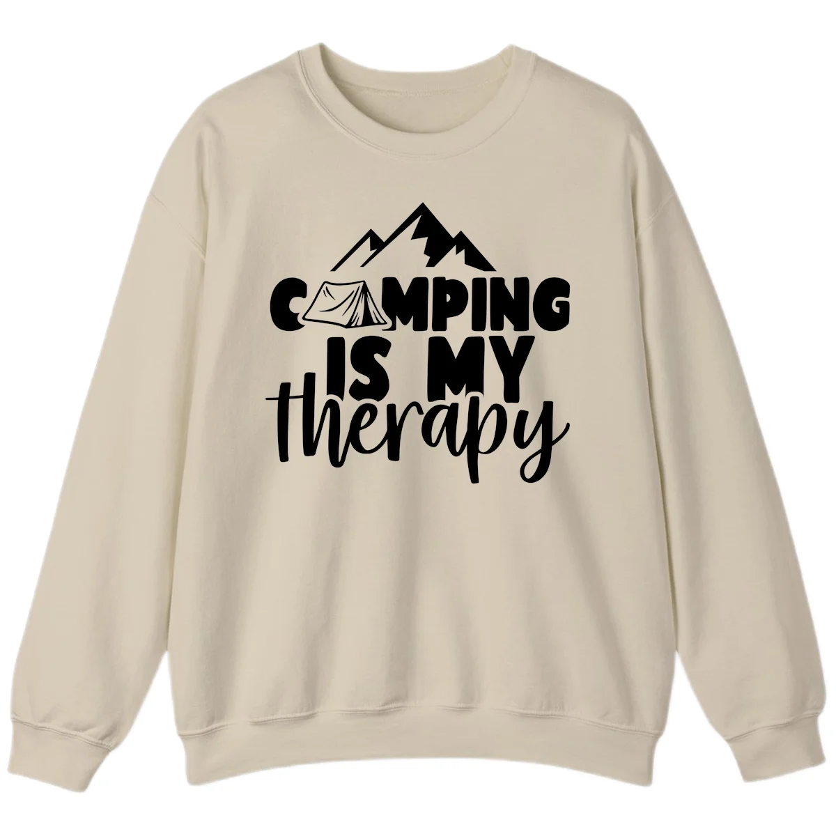 White text reading 'Camping Is My Therapy' with tent and mountain graphic design on gray background in Sand