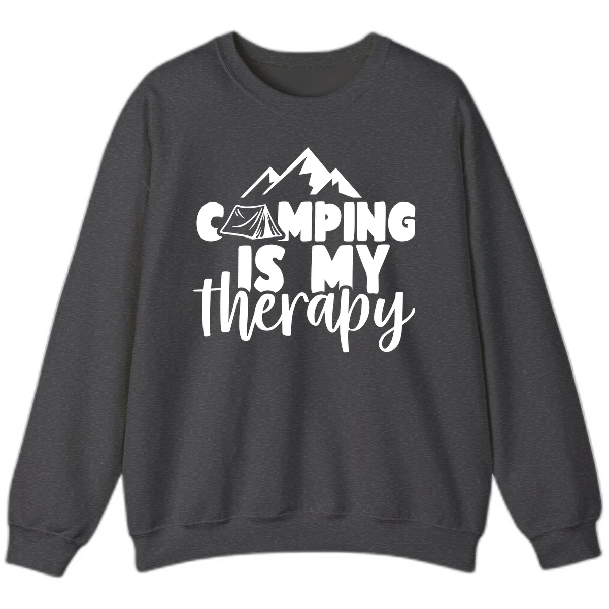 White text reading 'Camping Is My Therapy' with tent and mountain graphic design on gray background in Dark Heather