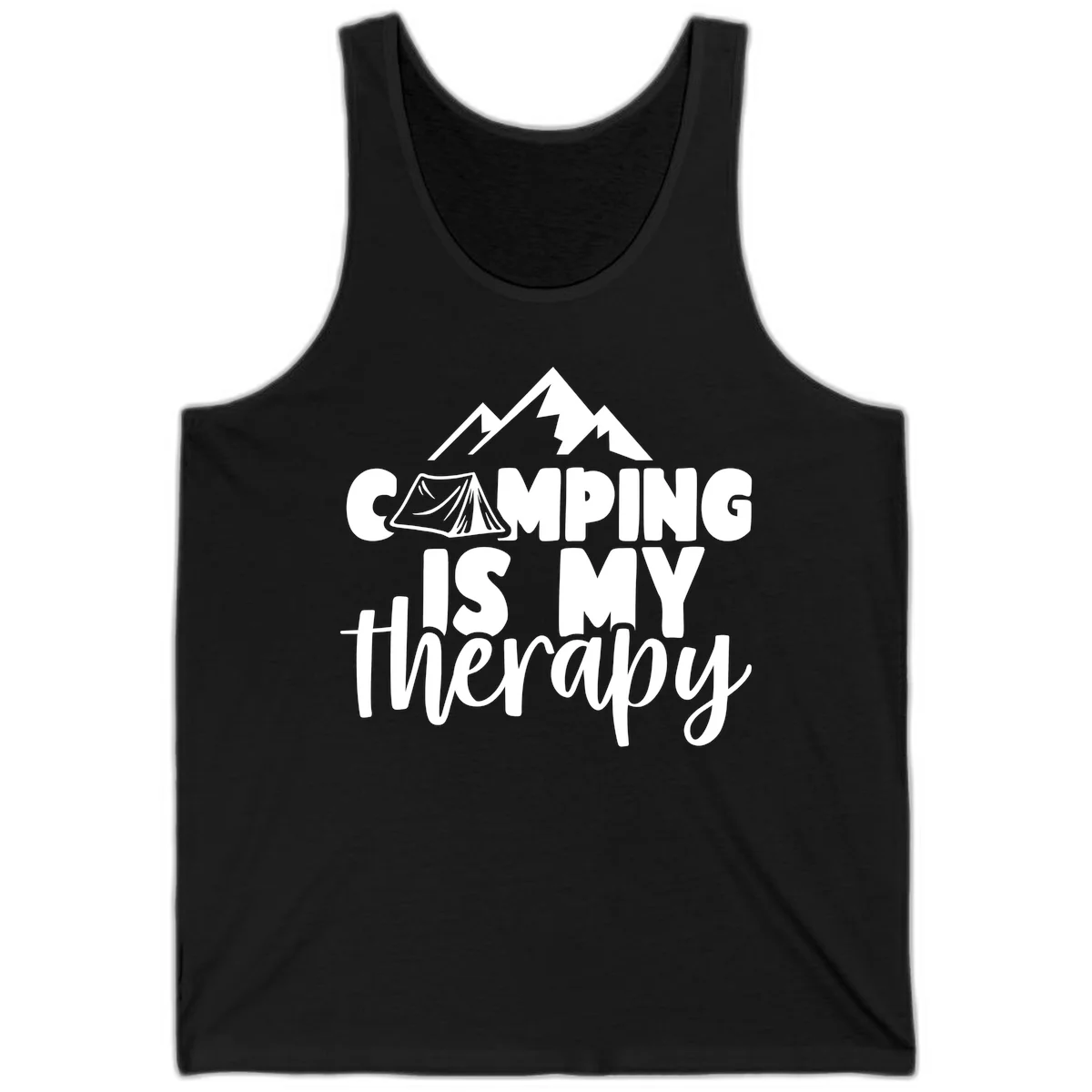 White text reading 'Camping Is My Therapy' with tent and mountain graphic design on gray background in Black