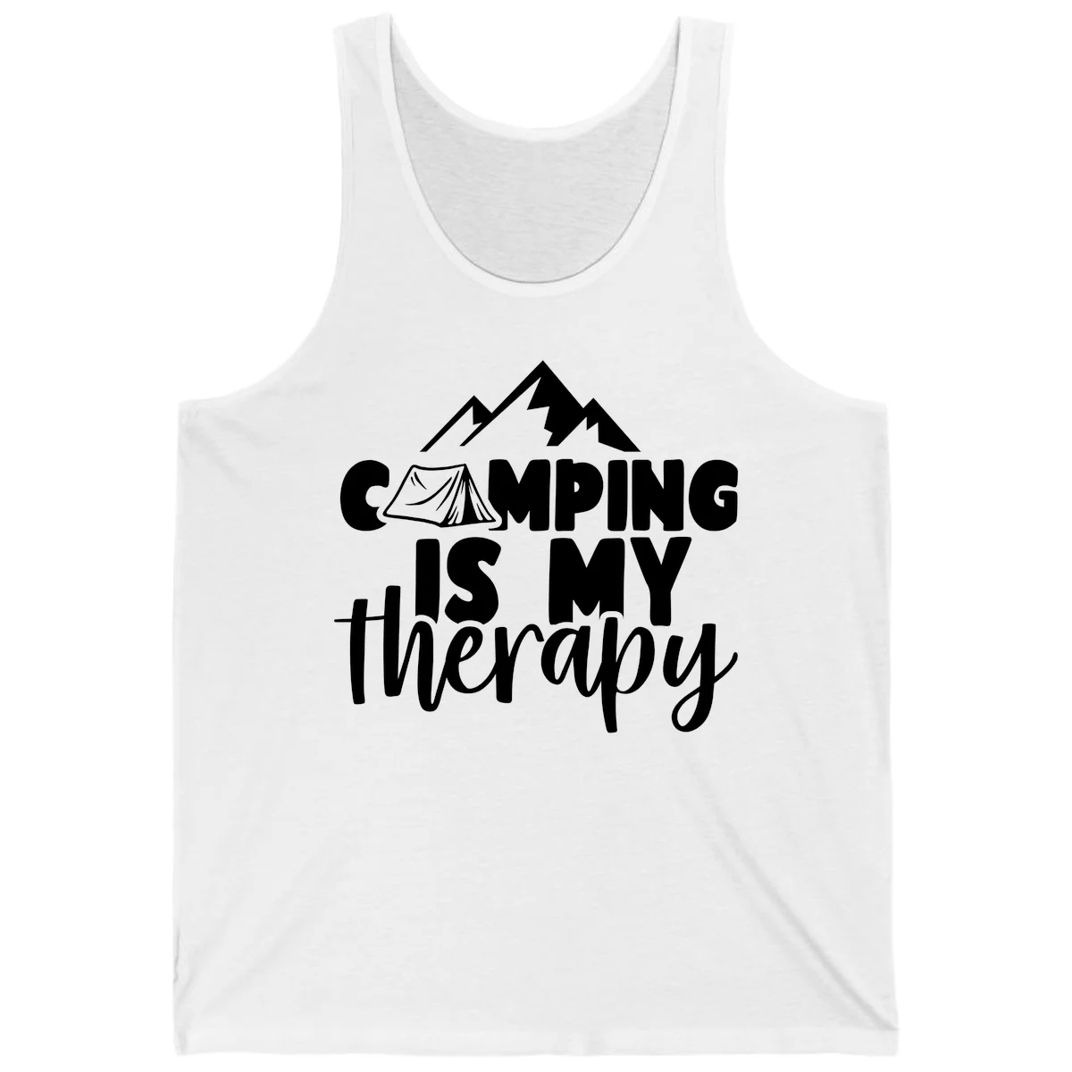 White text reading 'Camping Is My Therapy' with tent and mountain graphic design on gray background in White