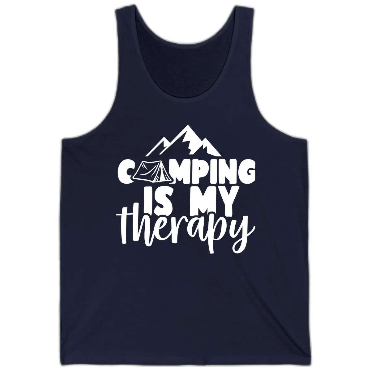 White text reading 'Camping Is My Therapy' with tent and mountain graphic design on gray background in Navy