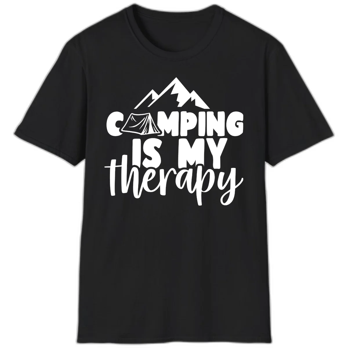 White text reading 'Camping Is My Therapy' with tent and mountain graphic design on gray background in Black