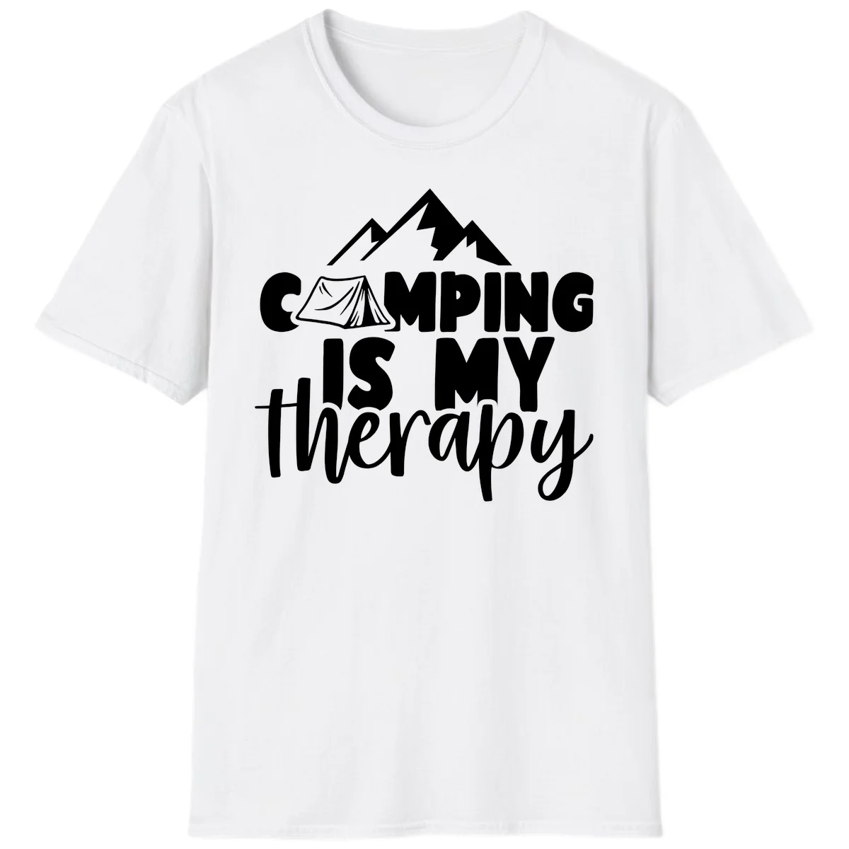 White text reading 'Camping Is My Therapy' with tent and mountain graphic design on gray background in White