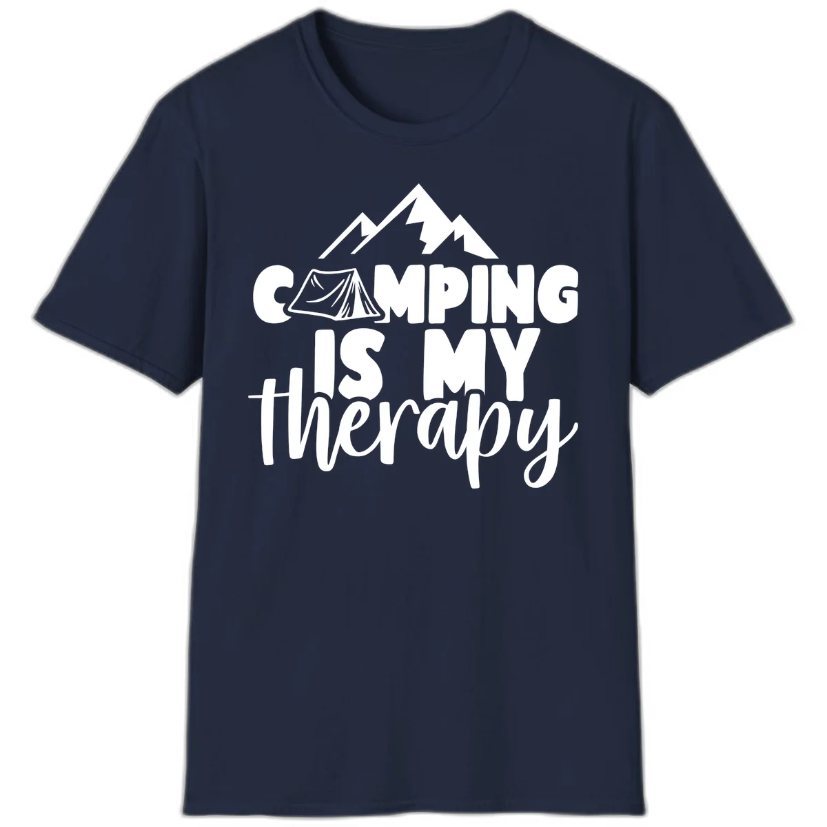 White text reading 'Camping Is My Therapy' with tent and mountain graphic design on gray background in Navy