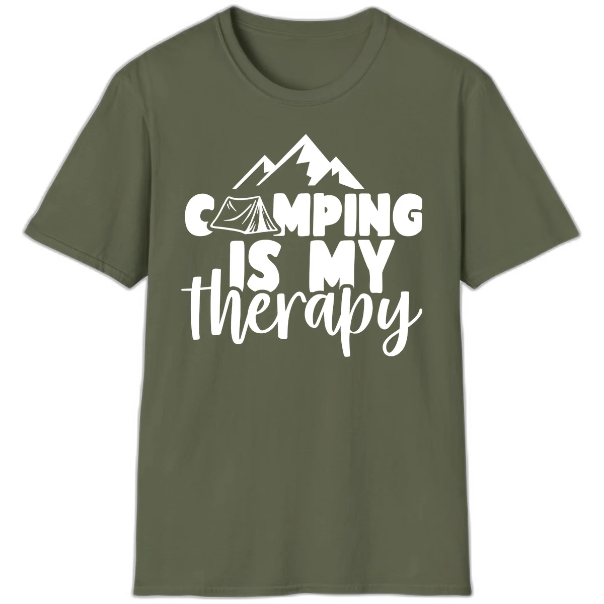 White text reading 'Camping Is My Therapy' with tent and mountain graphic design on gray background in Military Green