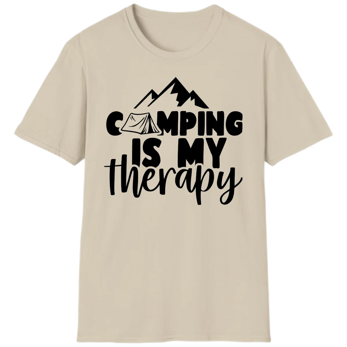 White text reading 'Camping Is My Therapy' with tent and mountain graphic design on gray background in Sand