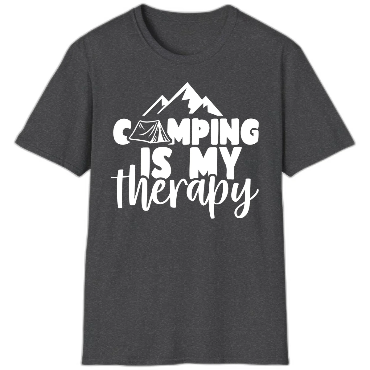 White text reading 'Camping Is My Therapy' with tent and mountain graphic design on gray background in Dark Heather