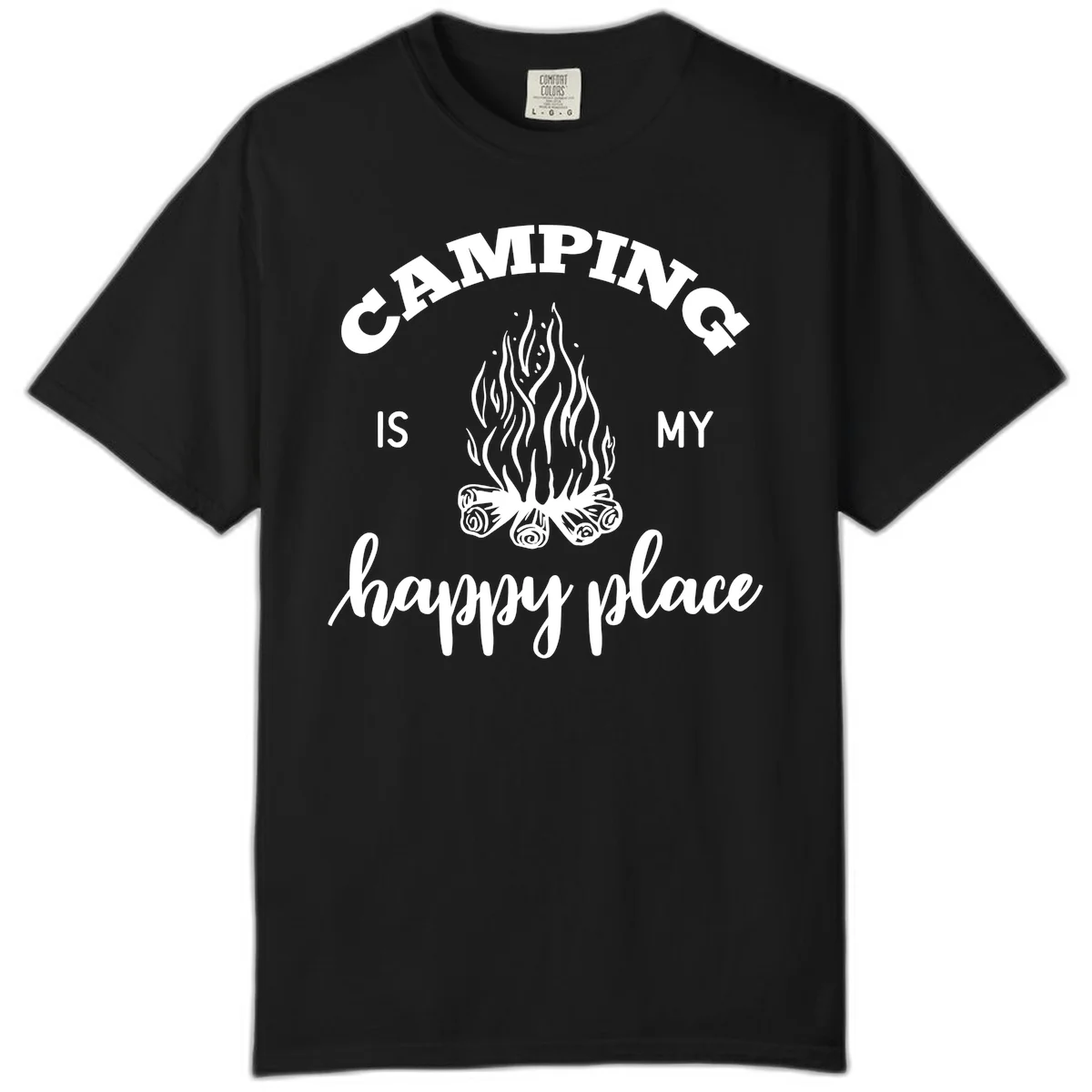 White campfire illustration with text reading 'Camping Is My Happy Place' on gray background in Black