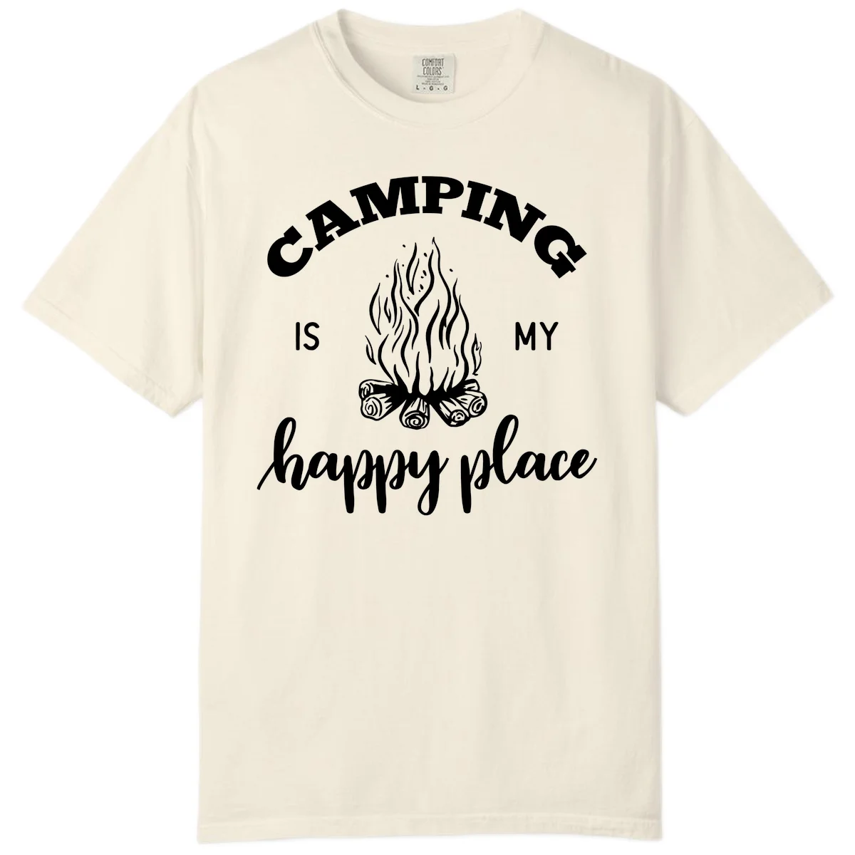 White campfire illustration with text reading 'Camping Is My Happy Place' on gray background in Ivory